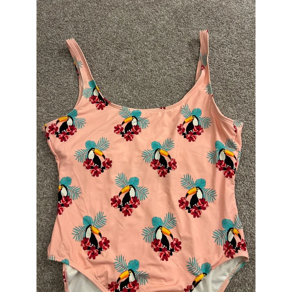 Hot Coals One Piece Sexy Swimsuit Womens Large Peach Toucan Floral Print HC77TUP